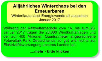 Alljhrliches Winterchaos bei den Erneuerbaren Winterflaute lsst Energiewende alt aussehen Januar 2017  Whrend der Kaltwetterperiode vom 16. bis zum 26. Januar 2017 trugen die 26.000 Windkraftanlagen und der auf 400 Millionen Quadratmeter angewachsene Fotovoltaik-Park Deutschlands so gut wie nichts zur Elektrizittsversorgung unseres Landes bei.  ....mehr - bitte klicken